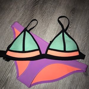 purple teal & orange triangl two piece bikini